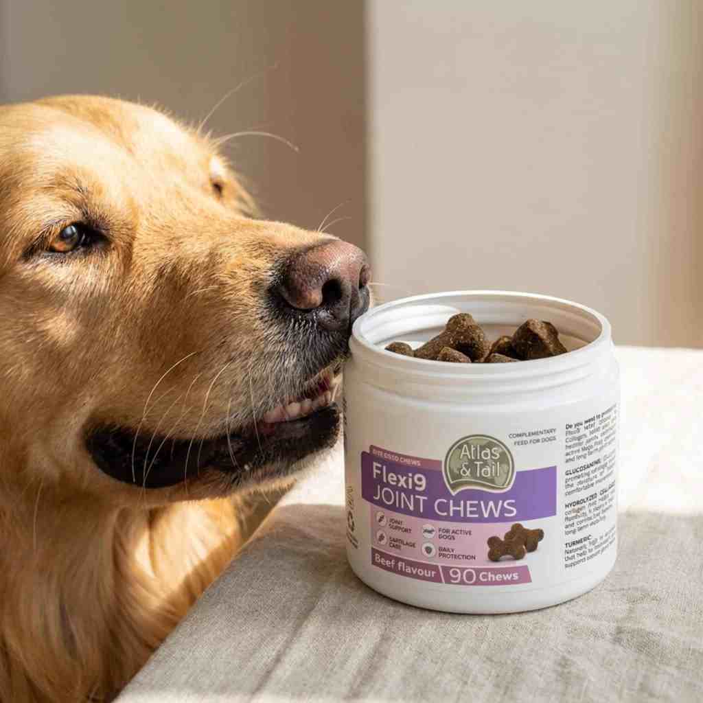 Golden Retreiver beside a tub of Atlas & Tail Joint Chews